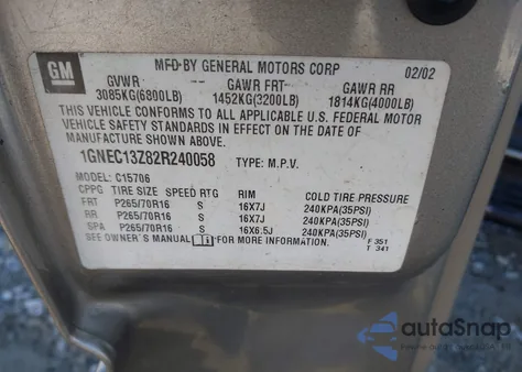 2002 Chevrolet Tahoe Lt from USA, damaged, VIN 1GNEC13Z82R240058